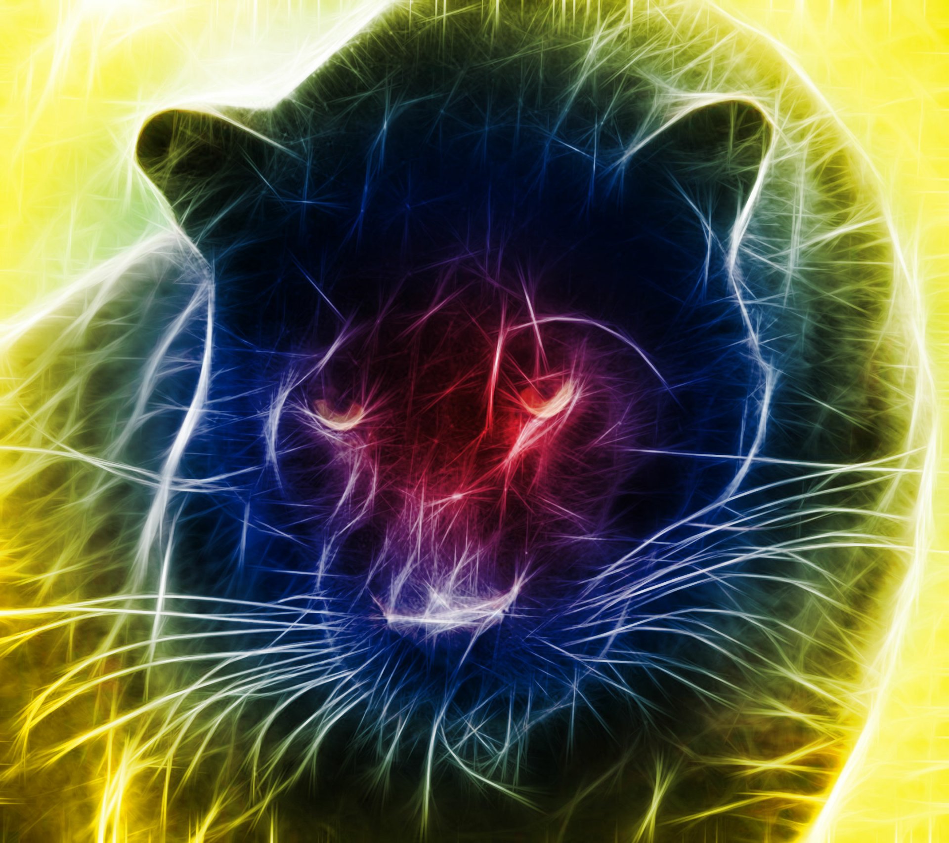 Artistic HD PC desktop wallpaper: neon-fractal black panther animal portrait with glowing red eyes and luminous whisker-like lines on a vibrant yellow and blue background.