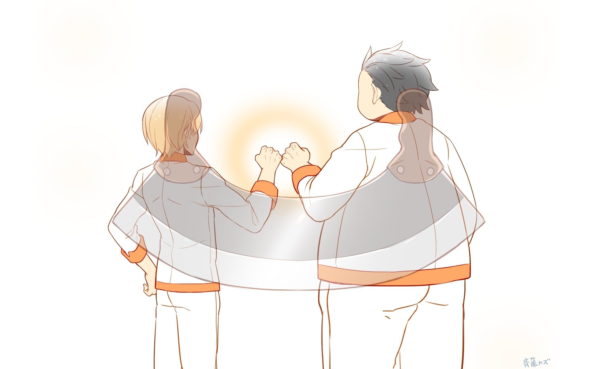 HD PC desktop wallpaper featuring Takumi Aldini and Isami Aldini from the anime Food Wars: Shokugeki no Soma fist-bumping with warm light behind them.