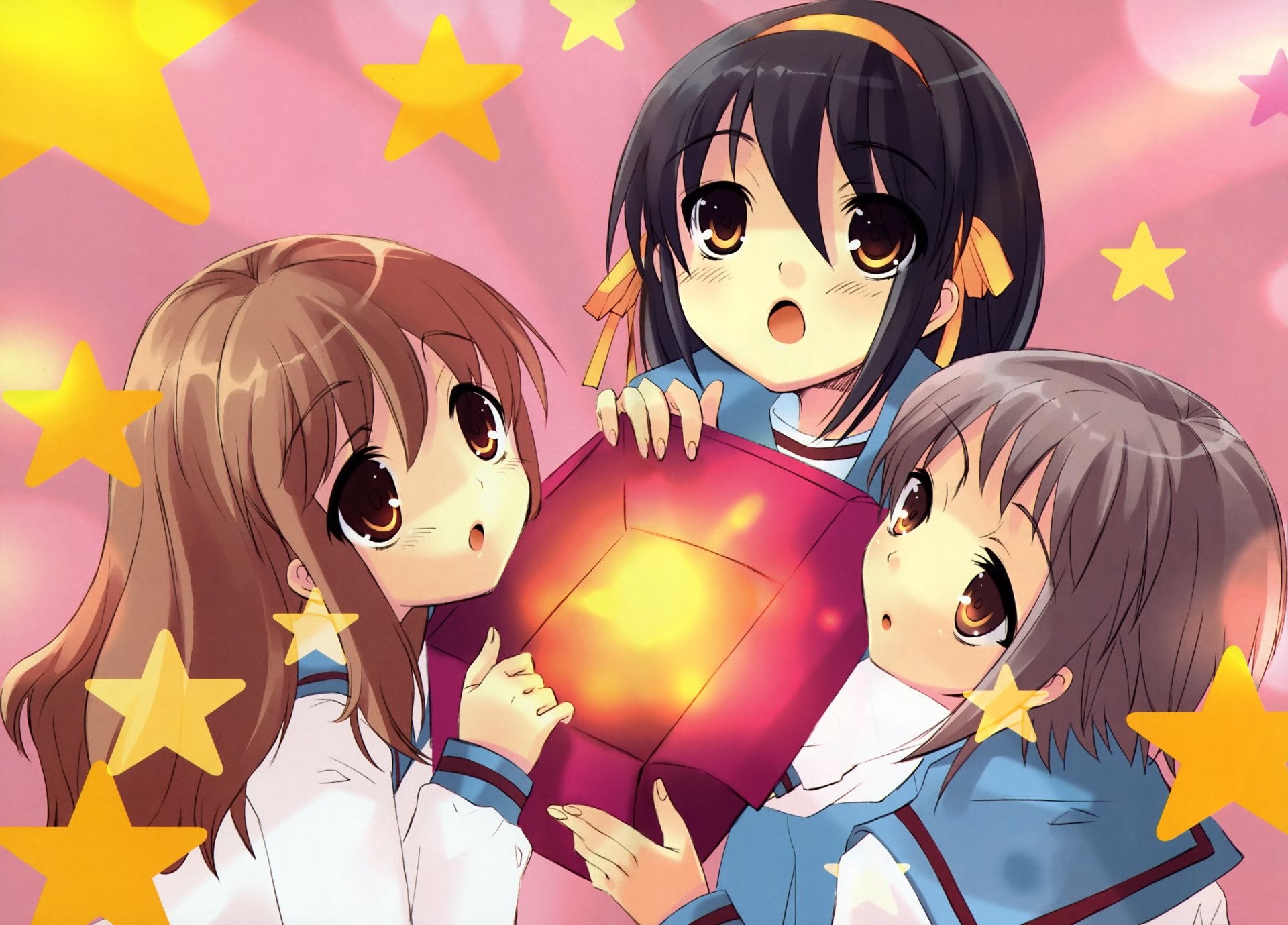 Anime 4K Ultra HD PC desktop wallpaper from The Melancholy of Haruhi Suzumiya: three schoolgirls with ribbons cradle a glowing cube amid a pink, star-filled background.