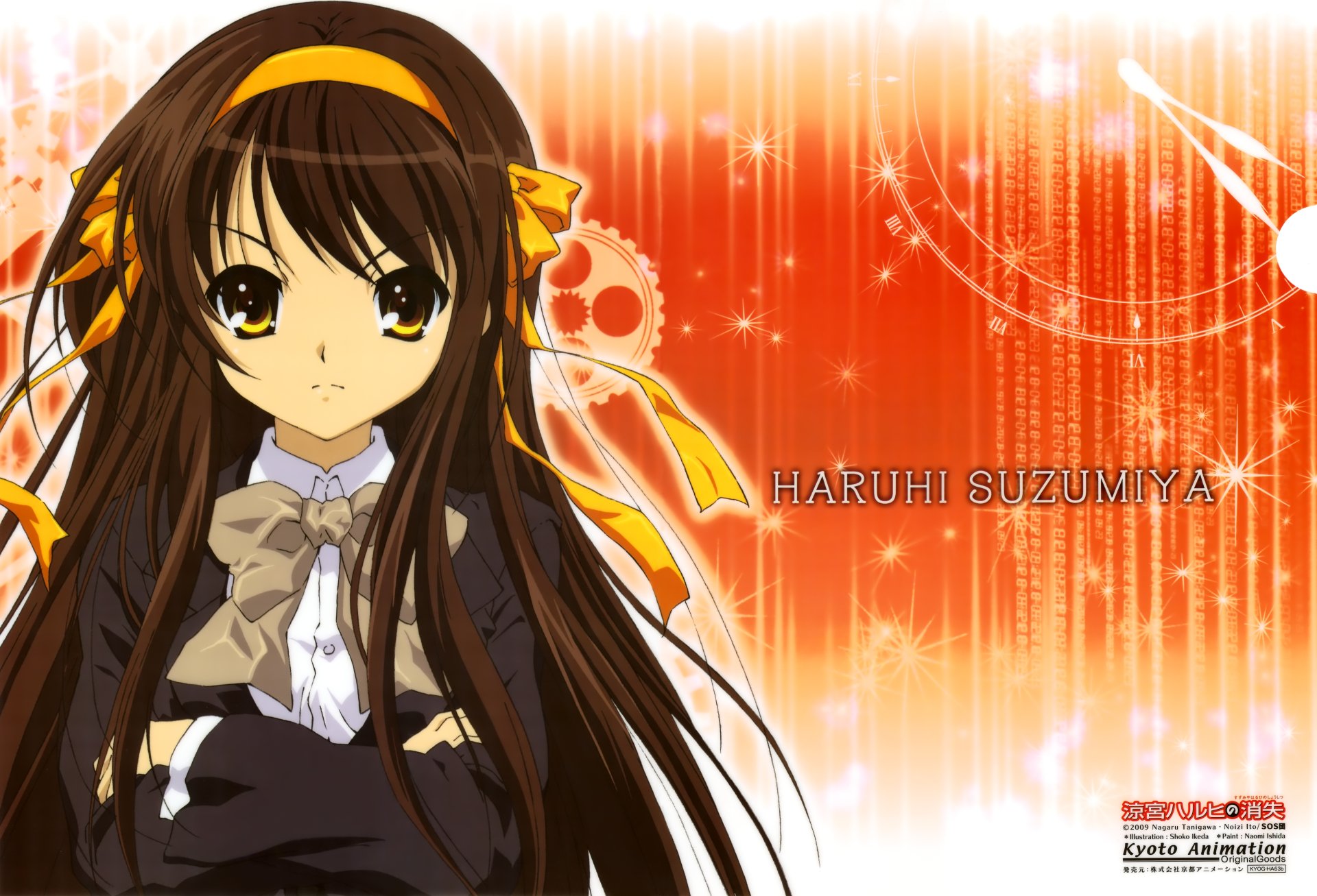 Haruhi Suzumiya from The Melancholy of Haruhi Suzumiya — anime portrait on an orange, sparkly 5K Ultra HD PC desktop wallpaper background.