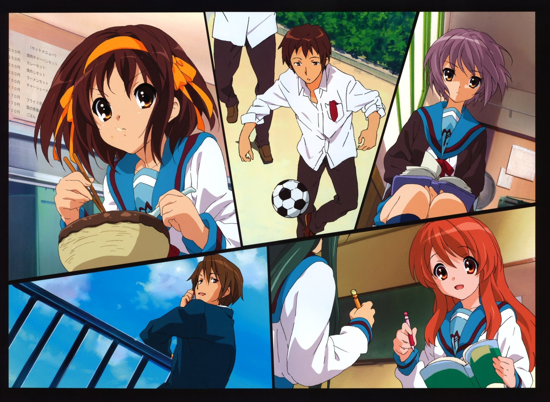 4K Ultra HD wallpaper featuring Mikuru Asahina, Itsuki Koizumi, Yuki Nagato, Kyon, and Haruhi Suzumiya from the anime The Melancholy of Haruhi Suzumiya.