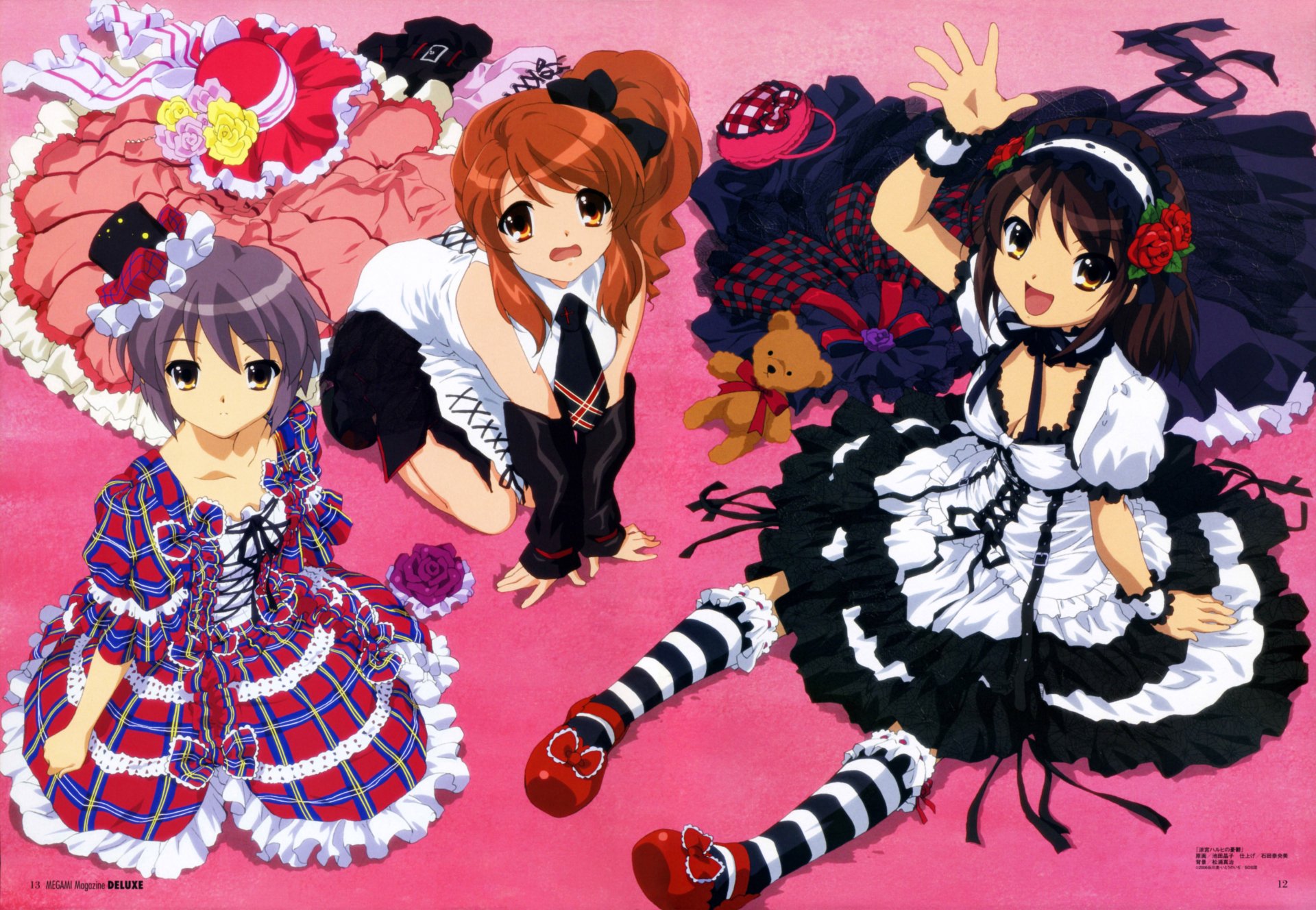4K Ultra HD PC wallpaper of Haruhi Suzumiya, Yuki Nagato and Mikuru Asahina from the anime The Melancholy of Haruhi Suzumiya, wearing Lolita-style outfits on a pink background with plush toys.