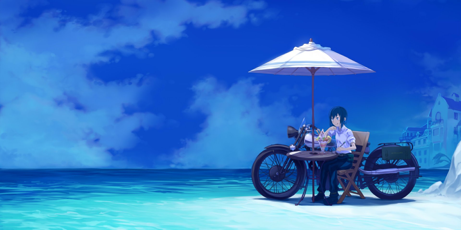 HD PC desktop wallpaper of Kino and Hermes (Kino's Journey): Kino sits at a small table beside the Hermes motorcycle under a white umbrella on a calm turquoise beach.