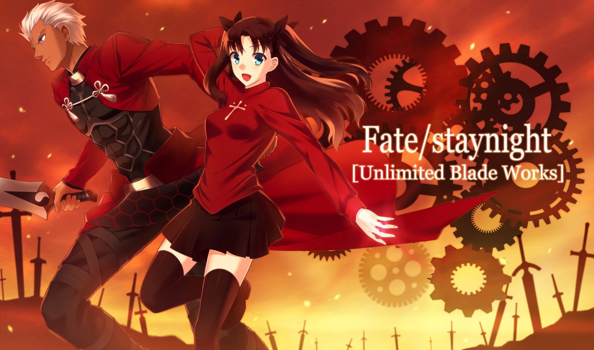 Anime 4K Ultra HD PC desktop wallpaper: Fate/stay night: Unlimited Blade Works — Rin Tohsaka and Archer against a fiery sky filled with silhouetted swords and giant clockwork gears.