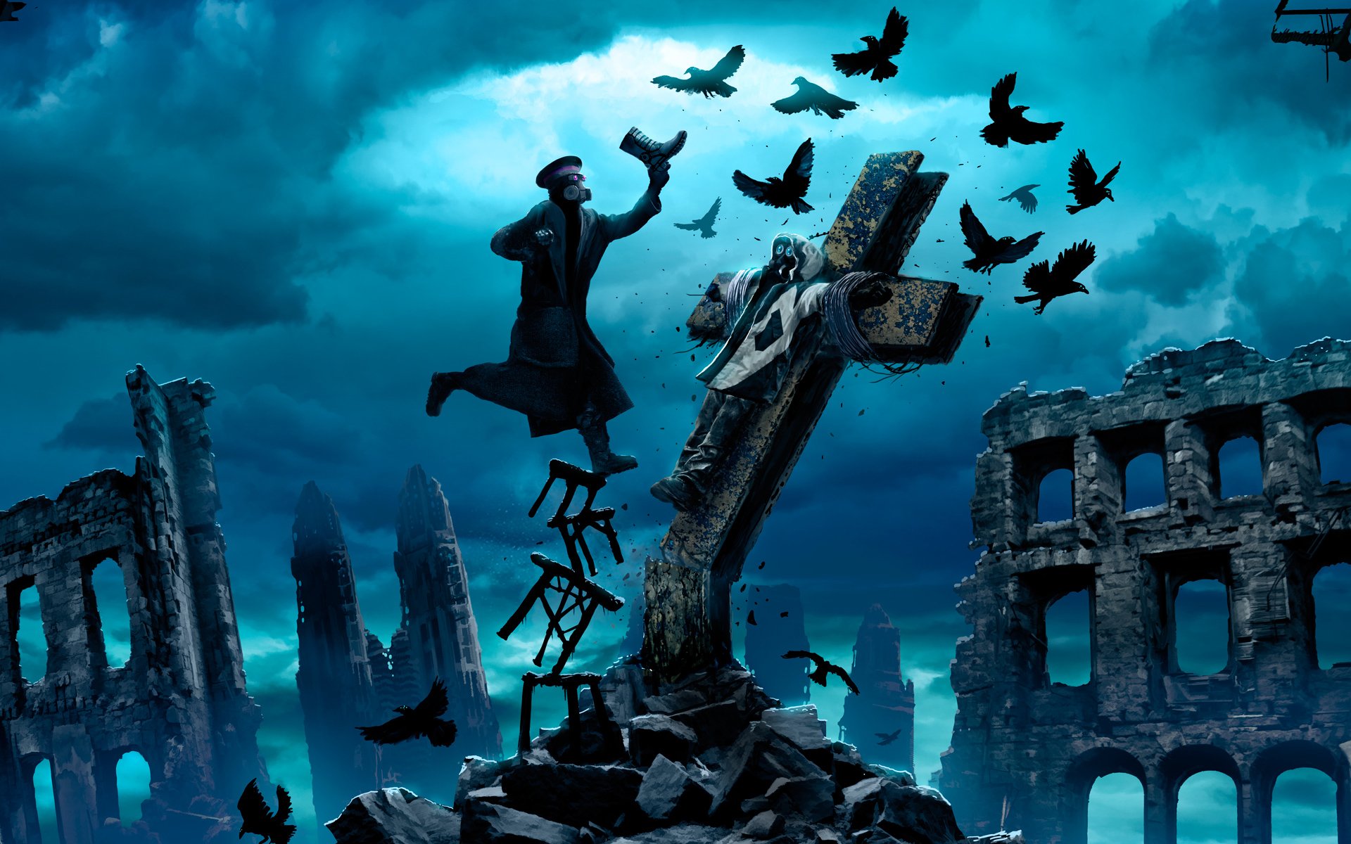 HD PC wallpaper: comic-style, post-apocalyptic ruins beneath a stormy sky; a leaning cross, a cloaked dark superhero on rubble, swarming black birds — Romantically Apocalyptic.
