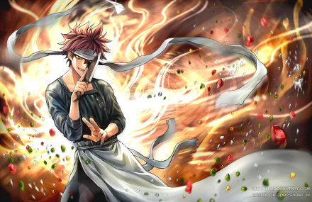 HD wallpaper featuring Sōma Yukihira from the anime Food Wars: Shokugeki no Soma in a dynamic, fiery cooking scene, with a headband and knife, against a vibrant, energetic background.