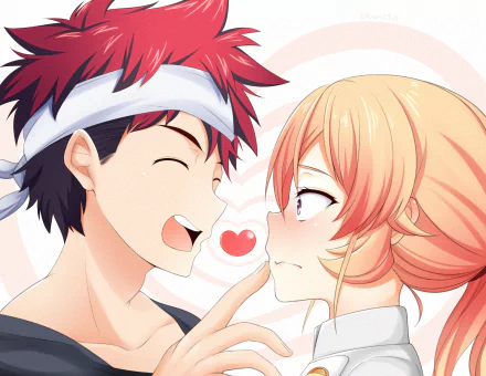 Sōma Yukihira playfully touches Erina Nakiri's face, surrounded by a soft heart motif. This colorful HD wallpaper captures a charming moment from *Food Wars: Shokugeki no Soma*.