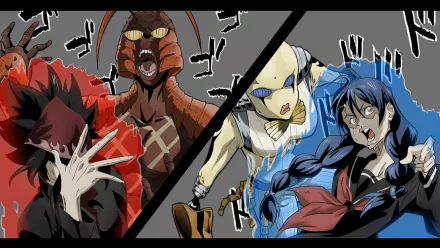 Dynamic HD wallpaper featuring Ryō Kurokiba and Megumi Tadokoro from Food Wars: Shokugeki no Soma, showcasing their intense expressions against a dramatic backdrop.