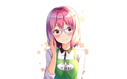 HD desktop wallpaper of Hisako Arato from the anime Food Wars: Shokugeki no Soma, featuring her in glasses and a green apron with a gentle smile.