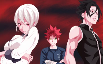 HD anime desktop wallpaper featuring Ryō Kurokiba, Sōma Yukihira, and Alice Nakiri from Food Wars: Shokugeki no Soma against a red background.