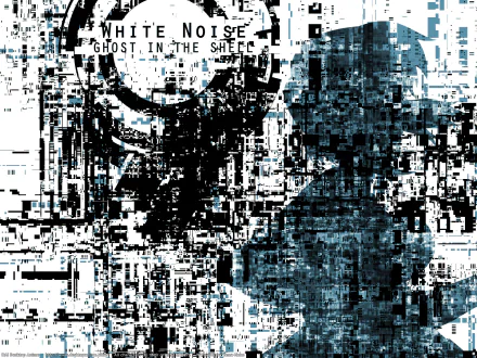 HD PC desktop wallpaper featuring glitch art style with abstract blue and black tones, inspired by the anime Ghost in the Shell, titled White Noise.