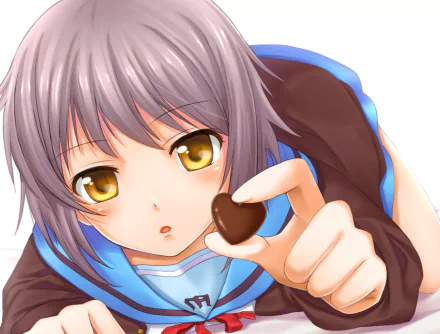 HD PC desktop wallpaper and background from The Melancholy of Haruhi Suzumiya: close-up anime of a short lavender-haired girl with golden eyes offering a heart-shaped chocolate.