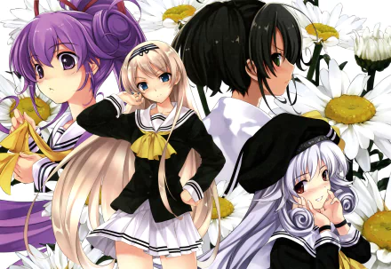 Anime — Boku To Kanojo Ni Furu Yoru: four schoolgirls in black-and-white sailor uniforms posed among oversized daisies, vibrant colors, 4K Ultra HD PC desktop wallpaper background.
