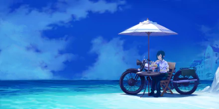 HD PC desktop wallpaper of Kino and Hermes (Kino's Journey): Kino sits at a small table beside the Hermes motorcycle under a white umbrella on a calm turquoise beach.