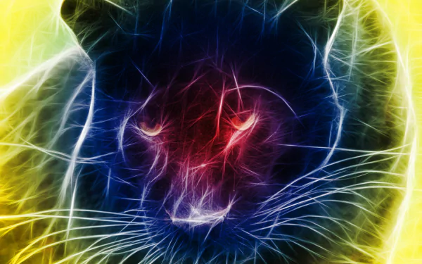 Artistic HD PC desktop wallpaper: neon-fractal black panther animal portrait with glowing red eyes and luminous whisker-like lines on a vibrant yellow and blue background.