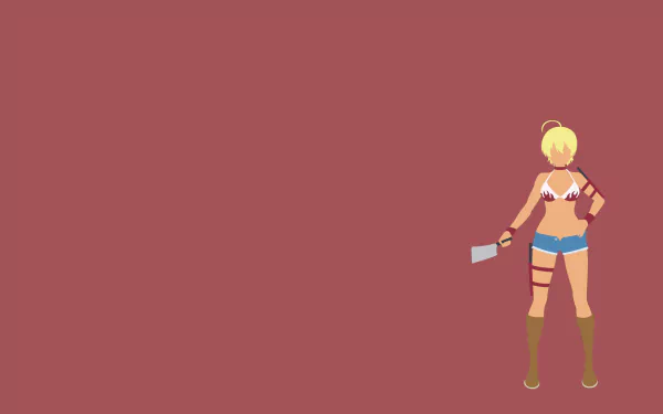 Minimalist anime HD wallpaper featuring Ikumi Mito from Food Wars: Shokugeki no Soma, standing with a cleaver against a solid muted background.