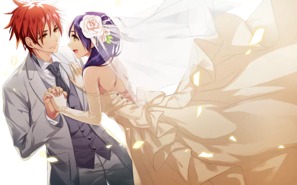 HD desktop wallpaper featuring Megumi Tadokoro and Sōma Yukihira from the anime Food Wars: Shokugeki no Soma. The characters are dressed in wedding attire, encapsulating a romantic moment.