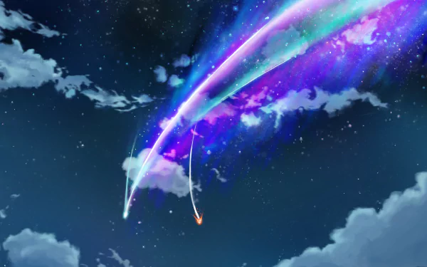A stunning 4K Ultra HD anime wallpaper from Your Name. depicting two figures falling through a starry sky with vibrant, colorful comet trails.
