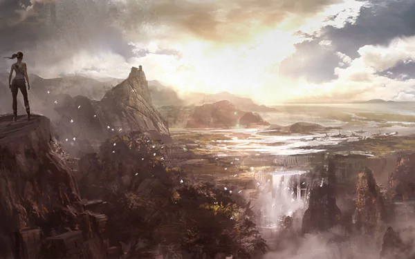 Lara Croft overlooks a vast landscape with waterfalls and mountains under a dramatic horizon in this HD PC desktop wallpaper from the 2013 Tomb Raider video game.