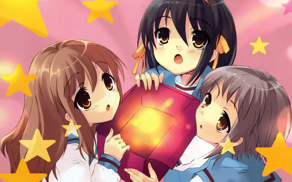 Anime 4K Ultra HD PC desktop wallpaper from The Melancholy of Haruhi Suzumiya: three schoolgirls with ribbons cradle a glowing cube amid a pink, star-filled background.