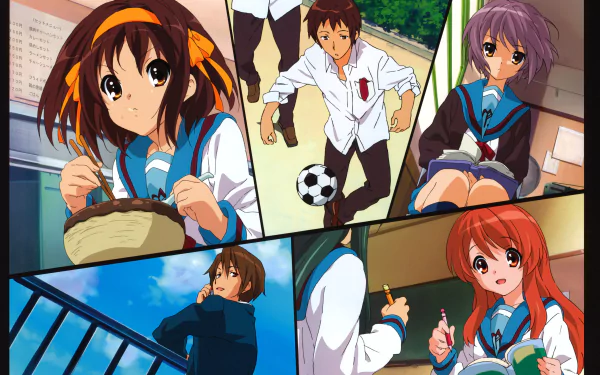 4K Ultra HD wallpaper featuring Mikuru Asahina, Itsuki Koizumi, Yuki Nagato, Kyon, and Haruhi Suzumiya from the anime The Melancholy of Haruhi Suzumiya.