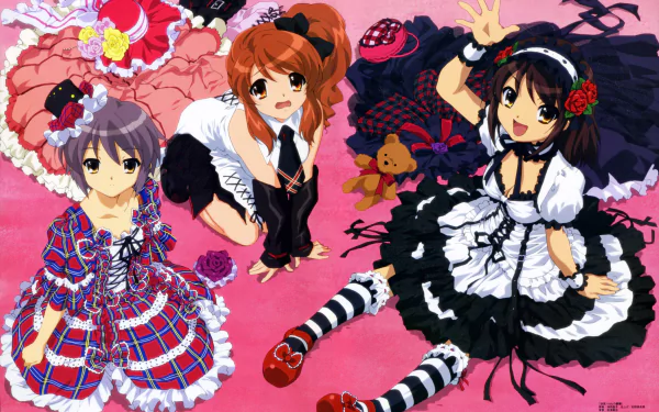 4K Ultra HD PC wallpaper of Haruhi Suzumiya, Yuki Nagato and Mikuru Asahina from the anime The Melancholy of Haruhi Suzumiya, wearing Lolita-style outfits on a pink background with plush toys.