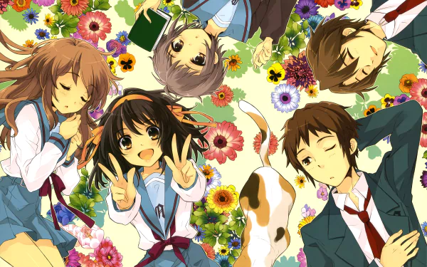 5K Ultra HD wallpaper of The Melancholy of Haruhi Suzumiya anime cast — Haruhi (with shamisen), Kyon, Yuki Nagato, Mikuru Asahina and Itsuki Koizumi lying among bright flowers with a calico cat