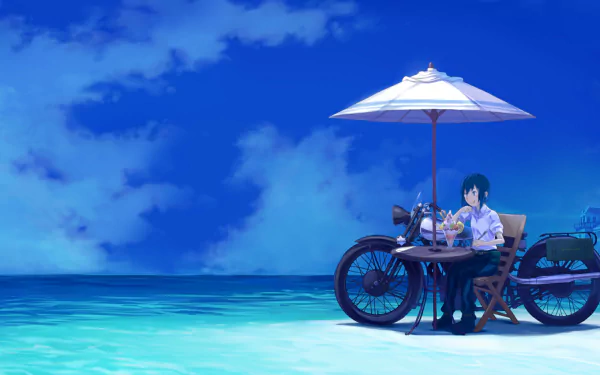 HD PC desktop wallpaper of Kino and Hermes (Kino's Journey): Kino sits at a small table beside the Hermes motorcycle under a white umbrella on a calm turquoise beach.