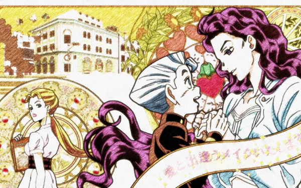 HD anime desktop wallpaper featuring Aya Tsuji, Yukako Yamagishi, and Koichi Hirose from Jojo's Bizarre Adventure in a vibrant, detailed background.