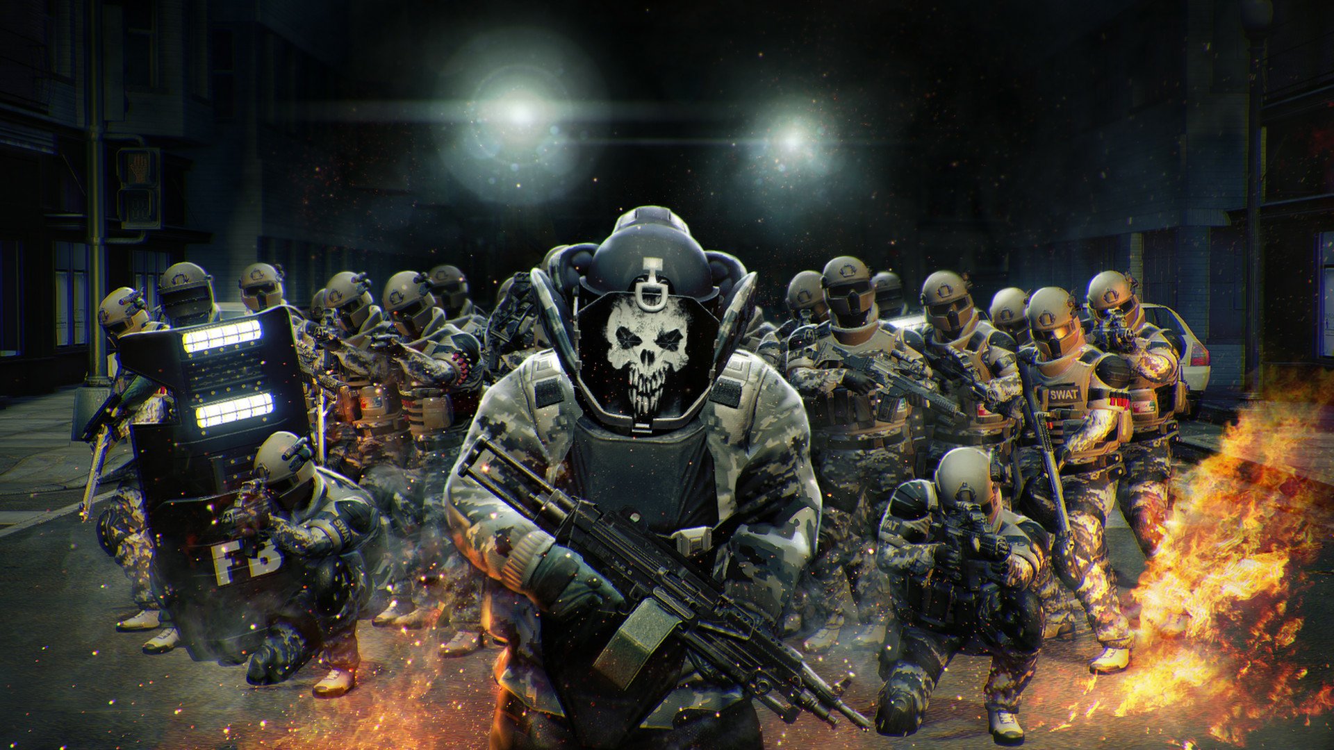 HD PC desktop wallpaper featuring heavily armed characters in tactical gear from the video game Payday 2, with a dark, intense, and fiery background.