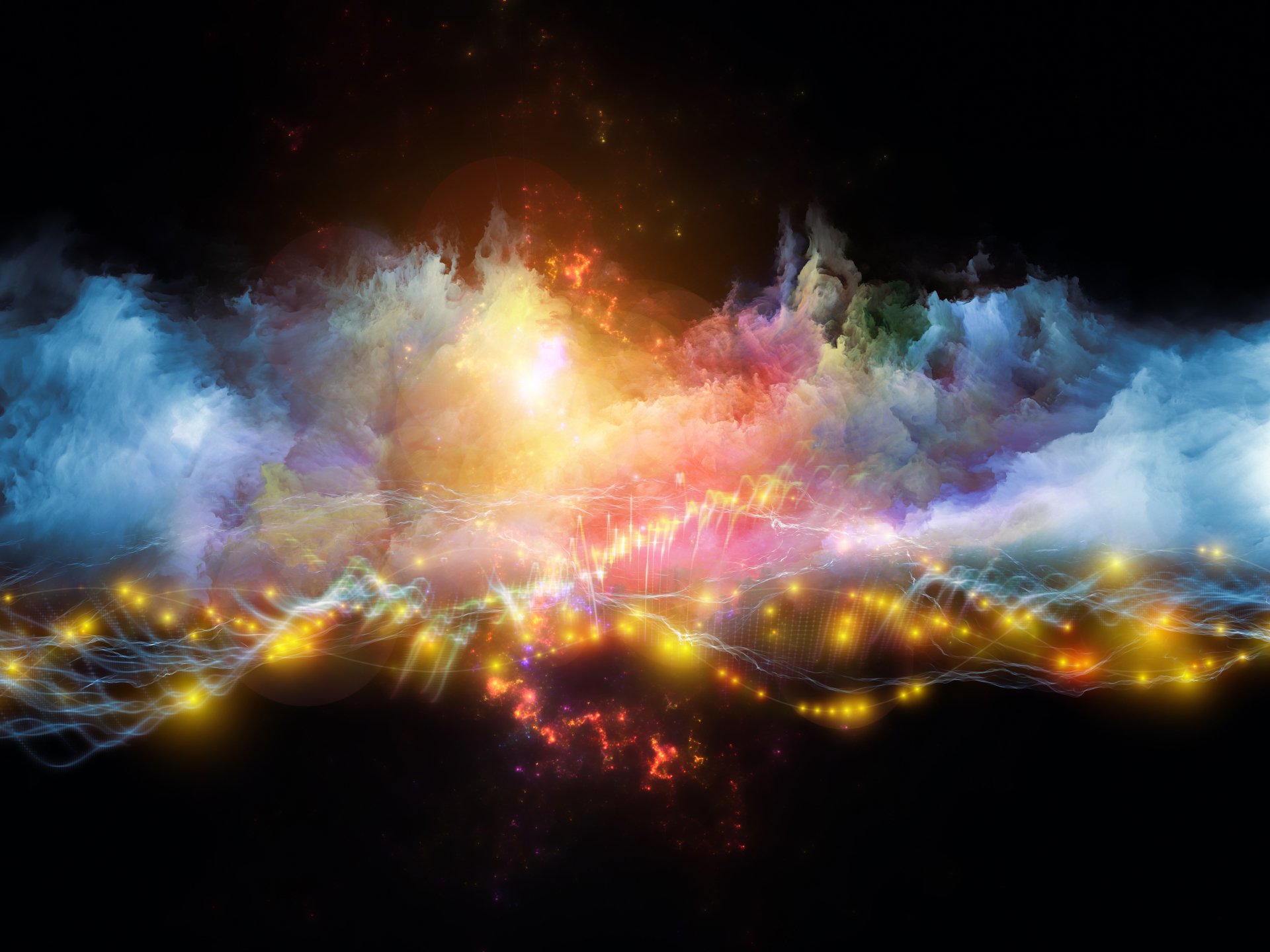 A vibrant HD sci-fi themed desktop wallpaper featuring a colorful nebula in space, with glowing lights and ethereal clouds creating a stunning cosmic background.
