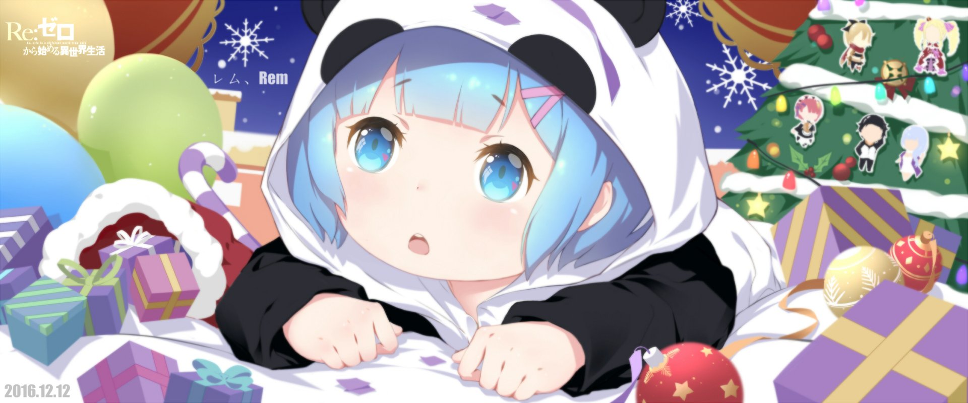 HD wallpaper featuring Rem from Re:Zero - Starting Life in Another World, in a panda hoodie with a festive background. This anime-themed image captures a cute, cozy holiday scene.