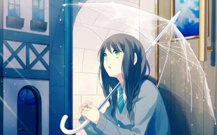 Anime-style HD PC desktop wallpaper featuring a girl with long dark hair holding a transparent umbrella, gazing thoughtfully in a serene outdoor setting.