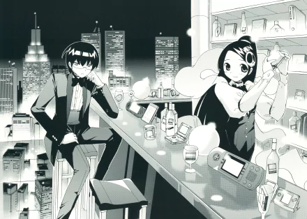 HD desktop wallpaper featuring Keima Katsuragi and Elucia de Lute Ima from The World God Only Knows anime, with a city skyline backdrop and a sleek bar setting.