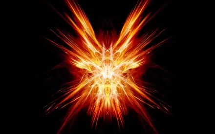 An abstract generative design featuring vibrant orange hues radiating from a central point, creating a striking visual effect against a black background. HD desktop wallpaper.