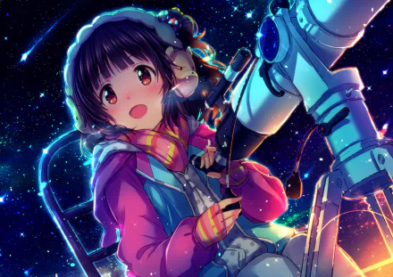 HD desktop wallpaper featuring Iku Nakatani from THE iDOLM@STER: Million Live!, depicted with a telescope under a vibrant starry sky in anime style.