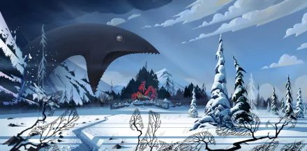 5K Ultra HD PC wallpaper: The Banner Saga video game winter scene — a giant snake-like creature looms over a snowy village and frozen lake.
