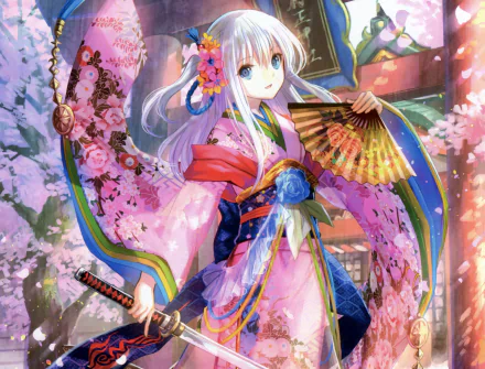 HD wallpaper featuring an anime girl with blue eyes and white hair, dressed in a colorful kimono. She holds a fan and a sword, surrounded by cherry blossoms, creating a vibrant and serene background.