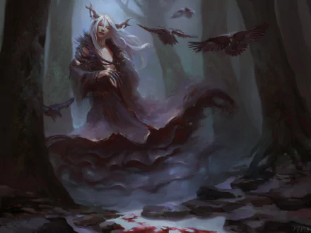 A dark fantasy scene featuring a demon with white hair and red eyes, surrounded by ravens, set in an eerie forest. This HD wallpaper captures the mystical atmosphere beautifully.