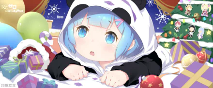 HD wallpaper featuring Rem from Re:Zero - Starting Life in Another World, in a panda hoodie with a festive background. This anime-themed image captures a cute, cozy holiday scene.