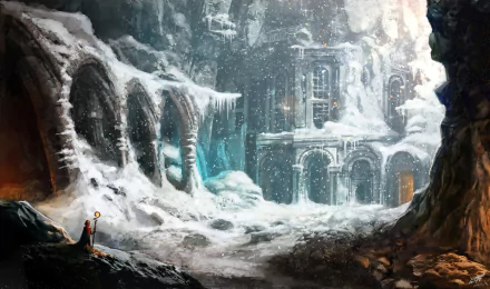 HD anime desktop wallpaper featuring an original snowy and mystical landscape with ancient ruins.
