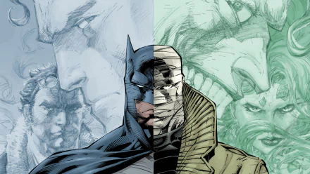 Comic-style HD PC desktop wallpaper (Batman: Hush) — split portrait of Batman and Hush with a muted collage of Gotham villains in the background.