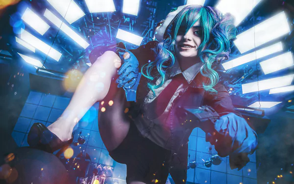 A 4K Ultra HD desktop wallpaper featuring a woman cosplaying a character from Payday 2, styled with vibrant teal and black hair and dynamic, futuristic lighting.