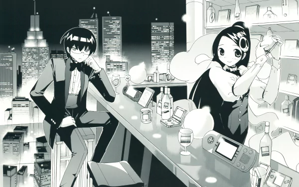 HD desktop wallpaper featuring Keima Katsuragi and Elucia de Lute Ima from The World God Only Knows anime, with a city skyline backdrop and a sleek bar setting.