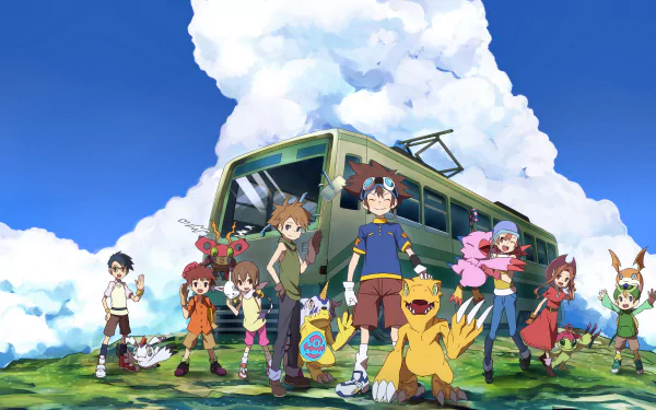 HD desktop wallpaper featuring Joe Kido, Mimi Tachikawa, Agumon, Izzy Izumi, Takeru Takaishi, Yamato Ishida, and Taichi Yagami from the anime Digimon. The characters stand in front of a bus with a bright sky background.