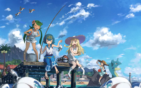 HD desktop wallpaper featuring characters from Pokémon: Sun and Moon - Mallow, Lana, Lillie, and Lapras. The scene captures a vibrant seaside setting under a clear blue sky.