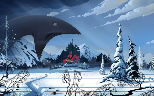 5K Ultra HD PC wallpaper: The Banner Saga video game winter scene — a giant snake-like creature looms over a snowy village and frozen lake.