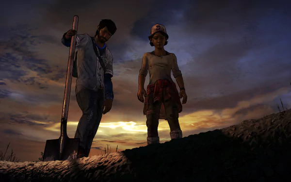 Clementine from The Walking Dead: A New Frontier stands with a companion against a dramatic sunset backdrop, captured in this HD PC desktop wallpaper.