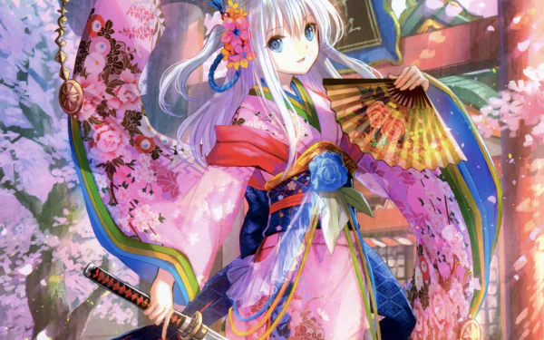HD wallpaper featuring an anime girl with blue eyes and white hair, dressed in a colorful kimono. She holds a fan and a sword, surrounded by cherry blossoms, creating a vibrant and serene background.