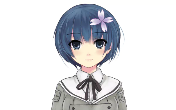 Anime-style HD PC desktop wallpaper featuring a character from Senran Kagura with short blue hair and a flower accessory.